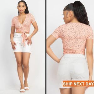 Waist Tie Wrap Plunging Neck Top - Crop top - Tie-waist top - top